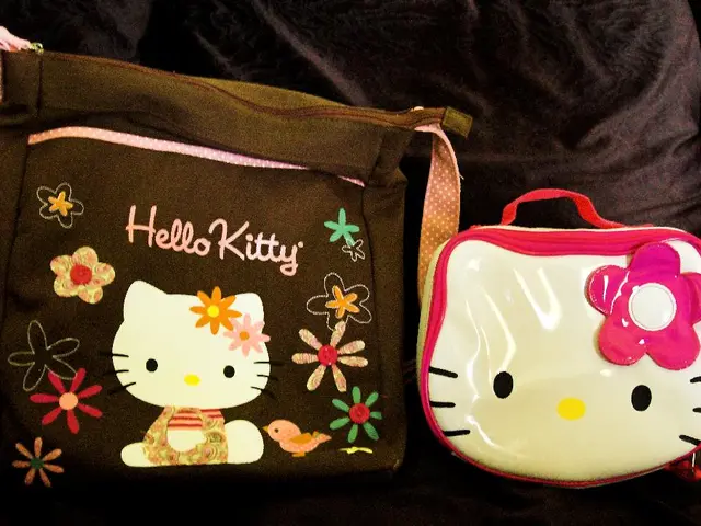 In this image, we can see bags are on the cloth. Here we can see text and some art on a bag.
