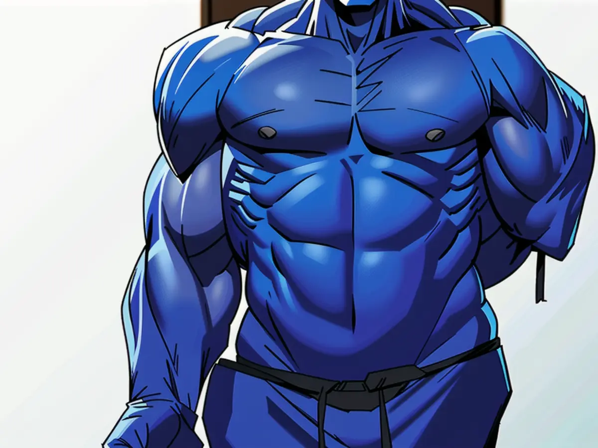 Individual dressed in a casual outfit, featuring a blue hoodie with its hood pulled up and loose-fitting jeans, stands nonchalantly in a specific environment.