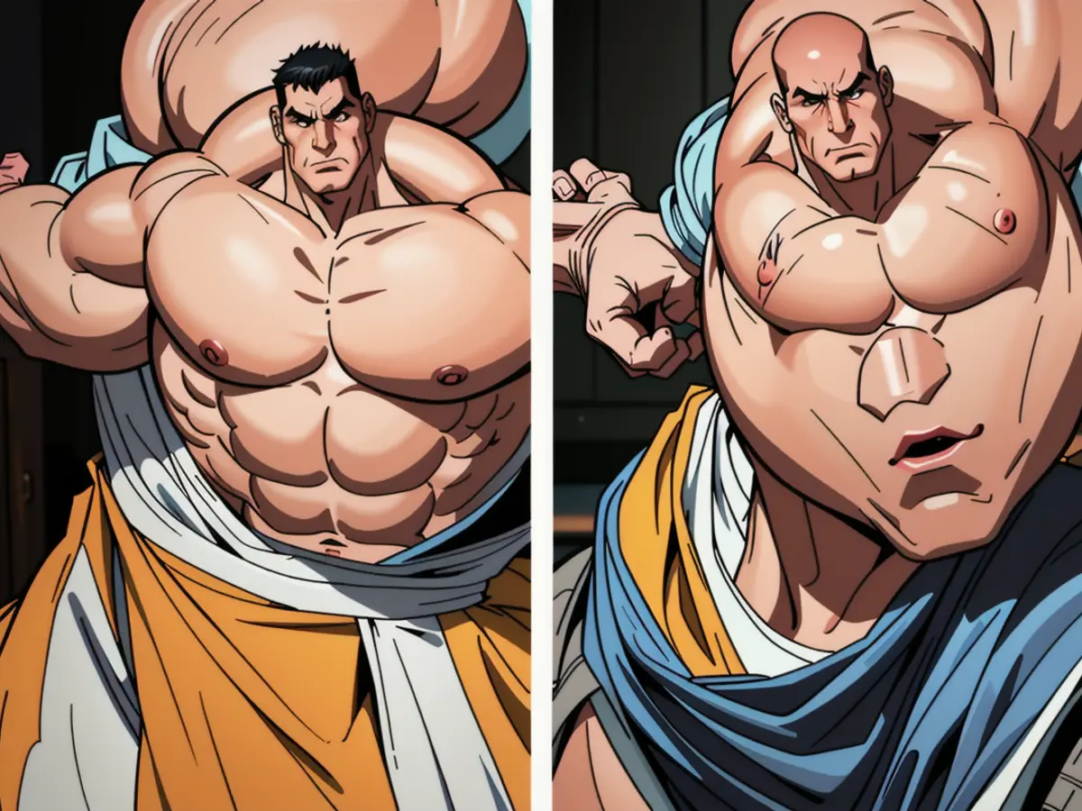 Figure depiction: Man in a mask and suit, brandishing a weapon, standing outside a government building. Product User's Transformation: Pre- versus Post-Use Experience