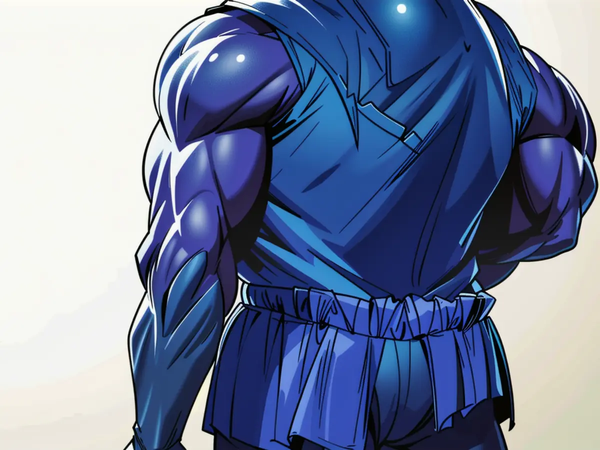 Individual spotted in a relaxed environment, sporting a blue hoodie pulled up over head and loose-fitting jeans, with back turned casually.
