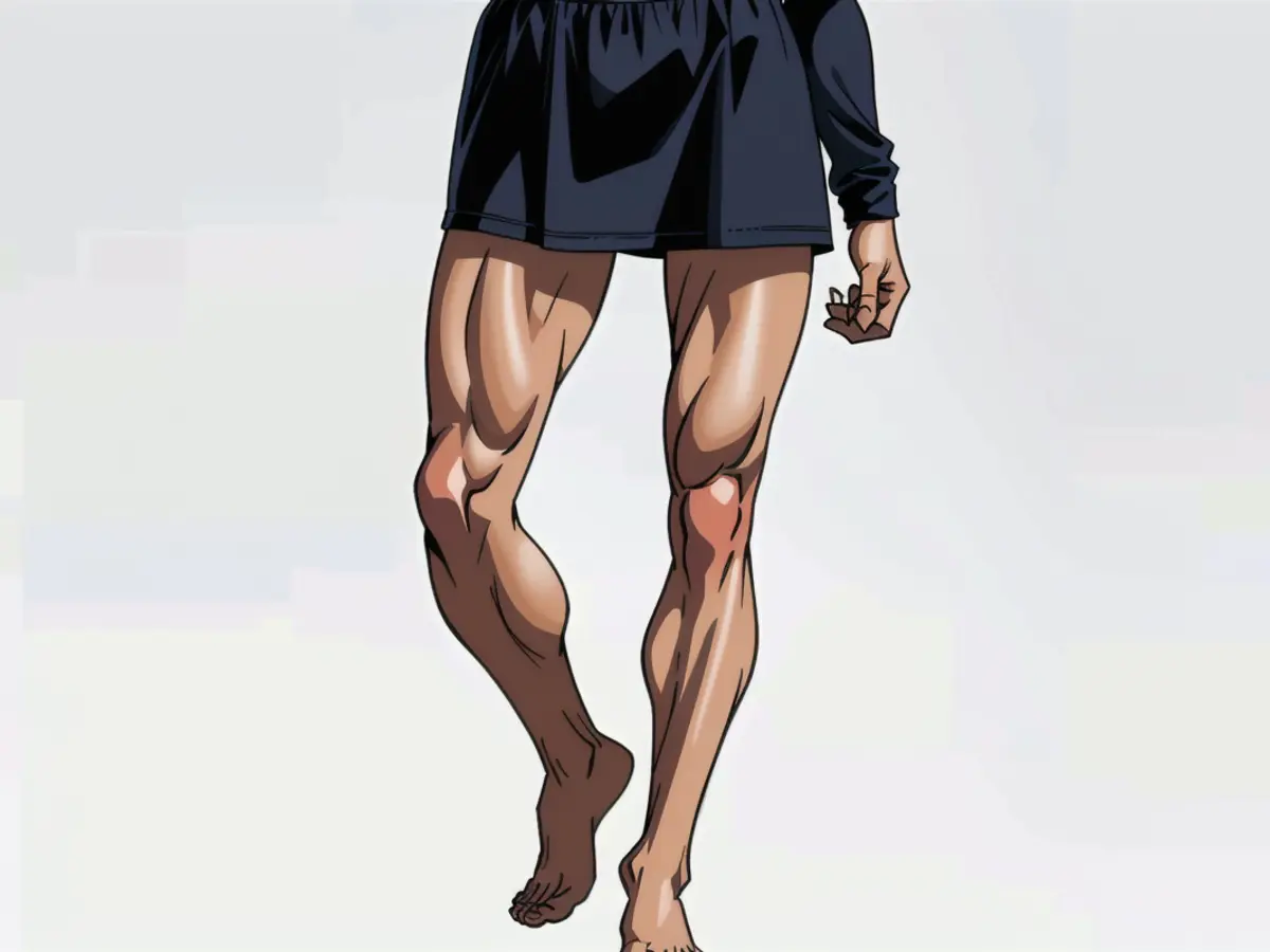 Individual showcasing fashionable black skirt and white footwear, adopts confident stance with hands resting on waist.